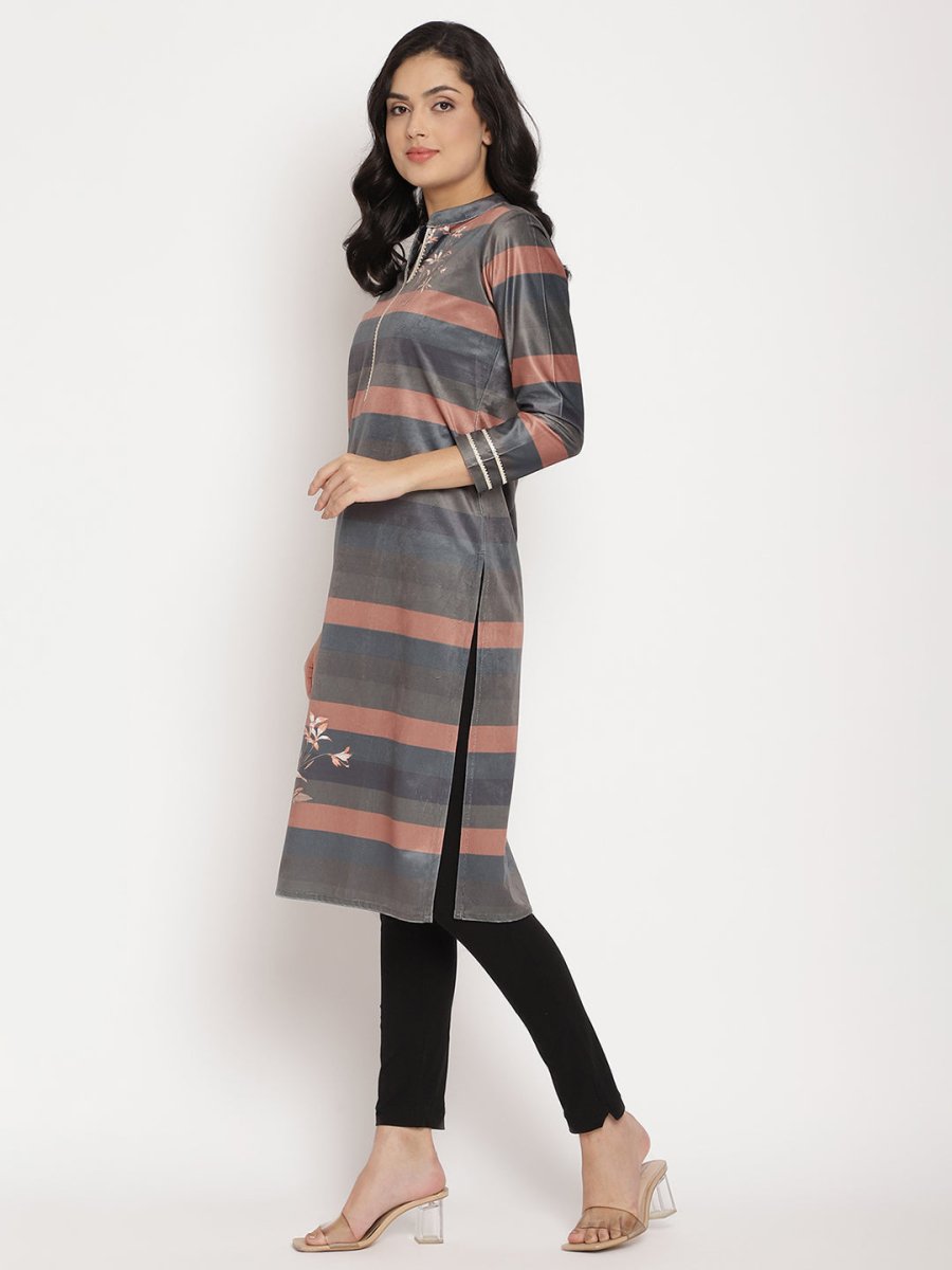 Ahalyaa Women's Multi Color Stripe Digital Print Velvet Kurta | Grocsy