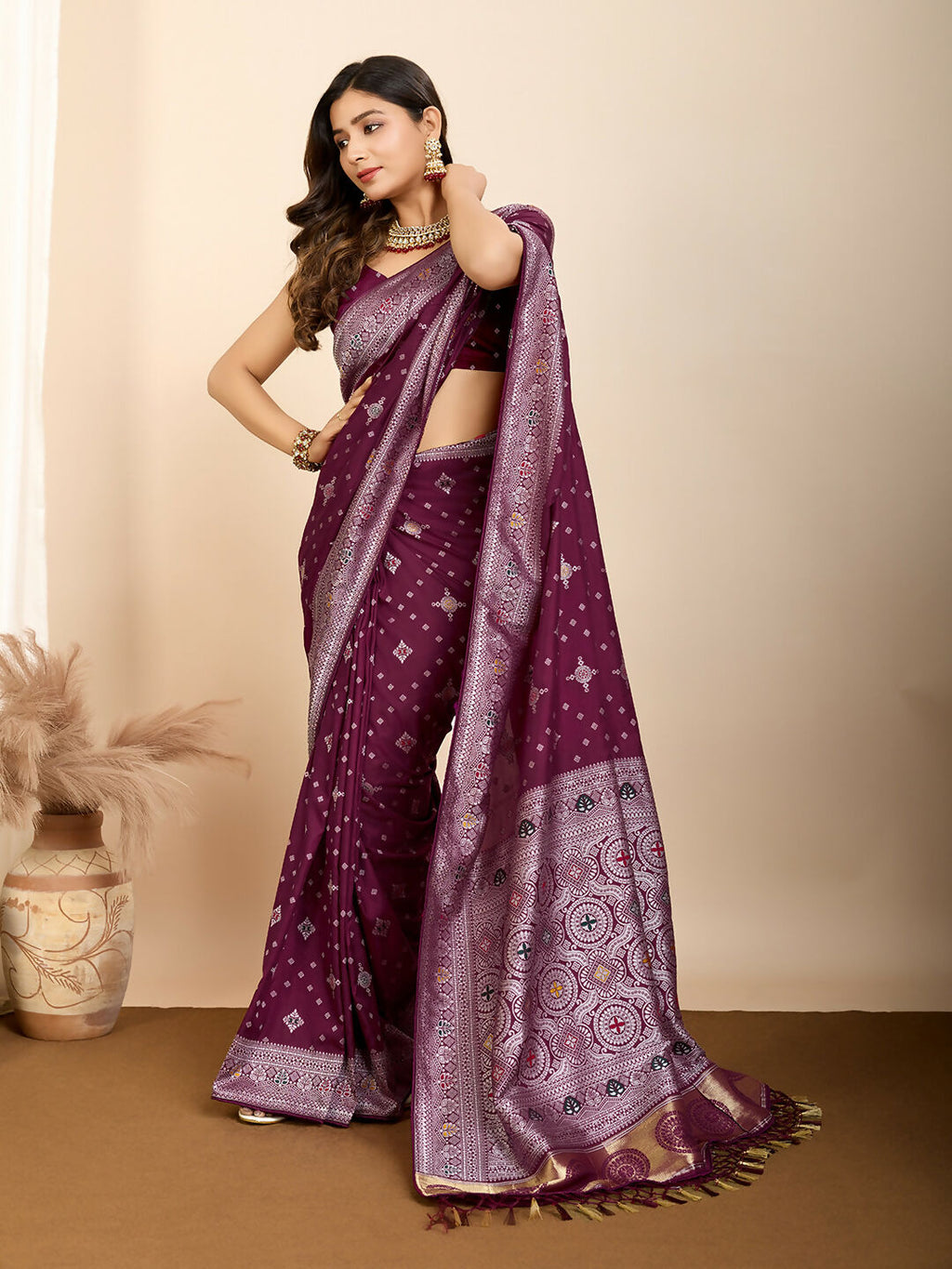 Wine Soft Silk Woven Meenakari Designer Saree - Vedanti | Grocsy