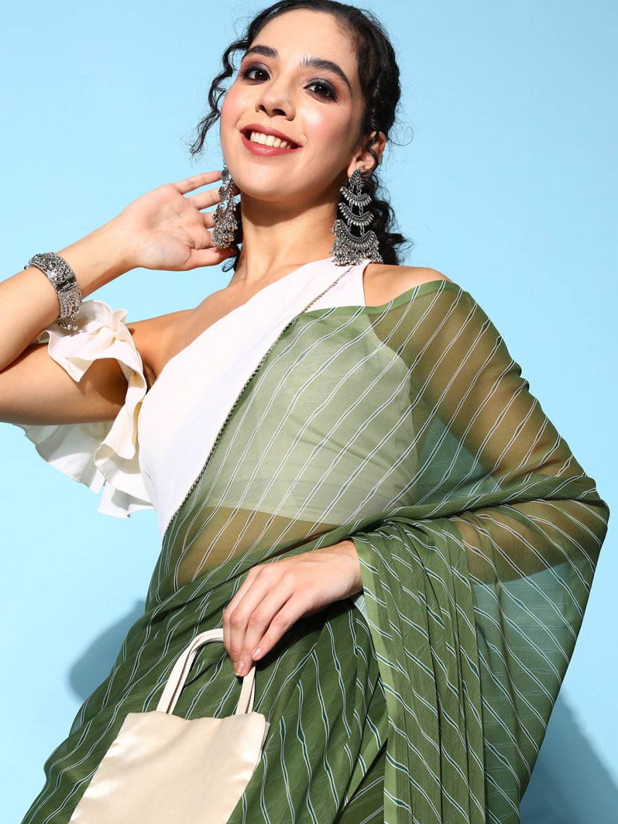 Ahalyaa Green & White Leheriya Saree | Grocsy