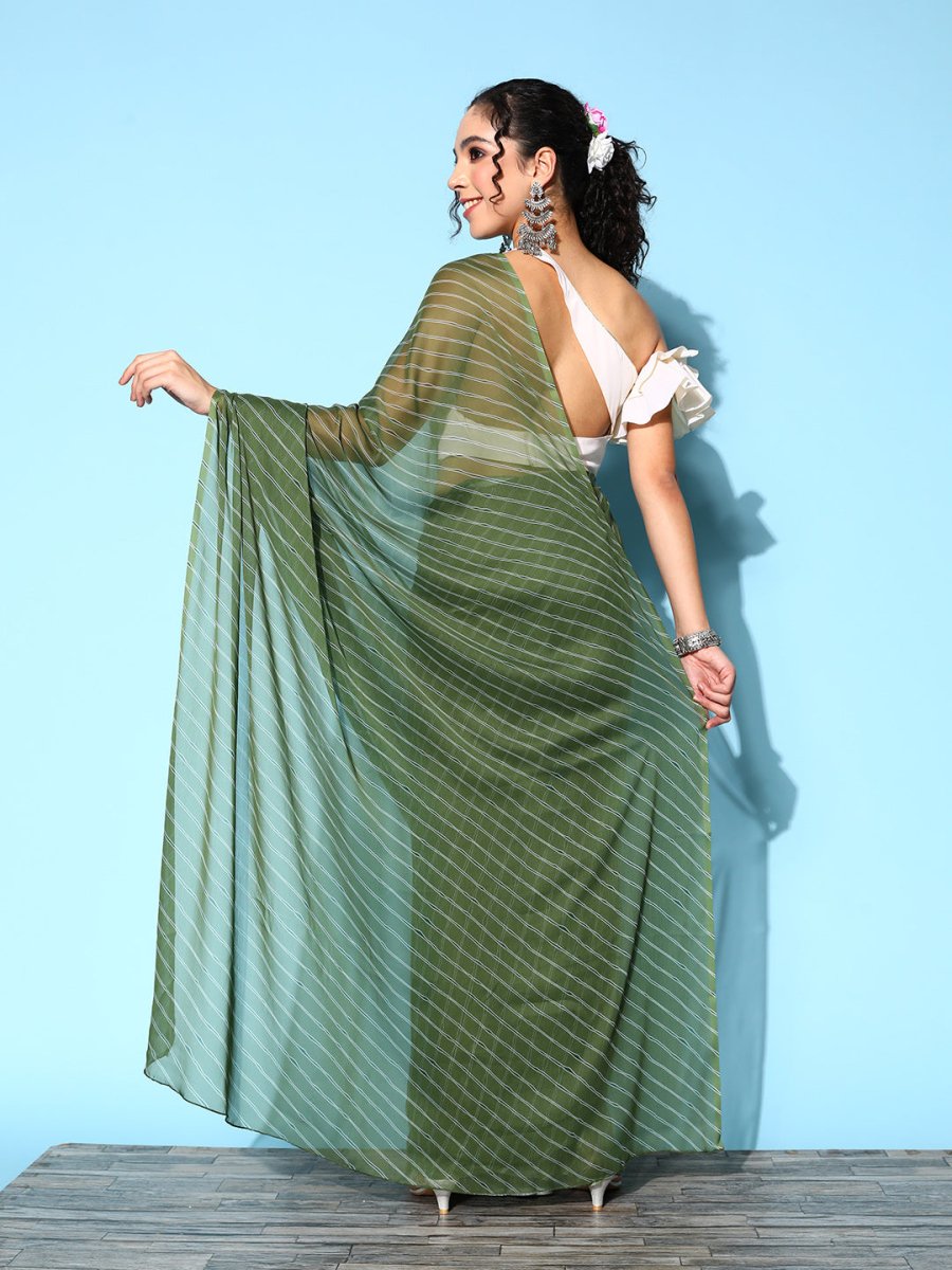 Ahalyaa Green & White Leheriya Saree | Grocsy