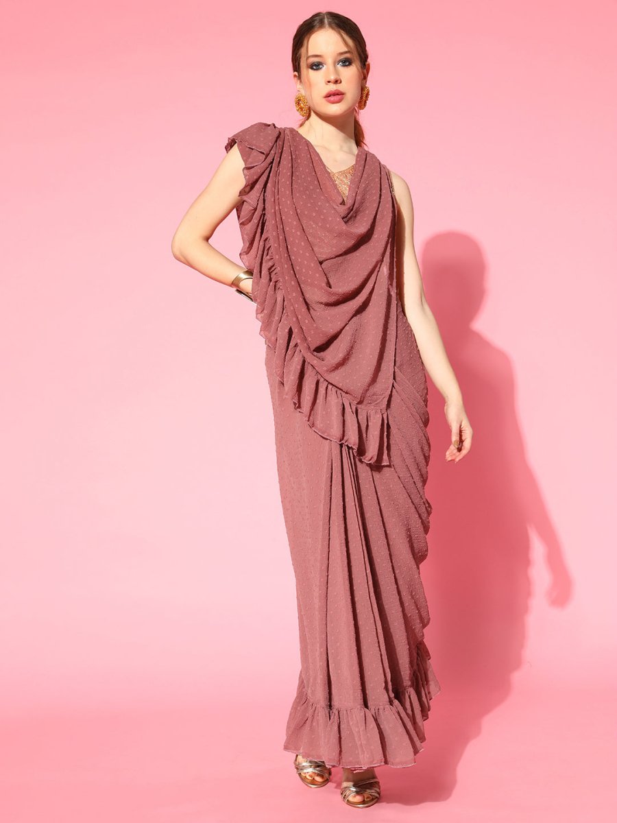 Ahalyaa Rusty Rose & Golden Woven Design Ready to Wear Saree | Grocsy