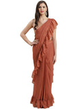Ahalyaa Rust Brown Woven Design Ruffled Ready to Wear Saree Set | Grocsy