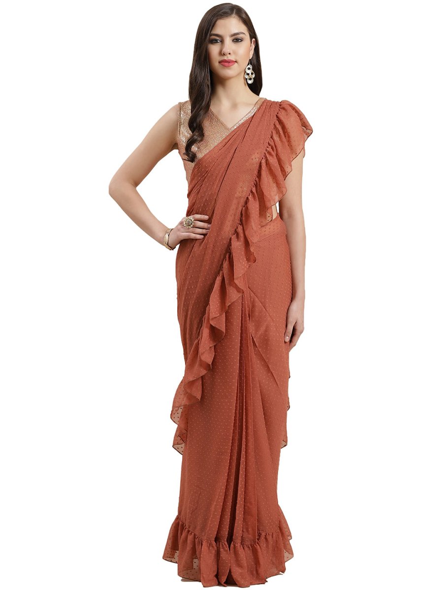 Ahalyaa Rust Brown Woven Design Ruffled Ready to Wear Saree Set | Grocsy