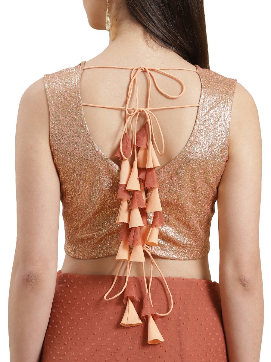 Ahalyaa Rust Brown Woven Design Ruffled Ready to Wear Saree Set | Grocsy