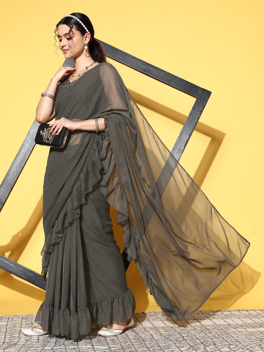 Ahalyaa Women Glitter Print Ruffle Saree | Grocsy