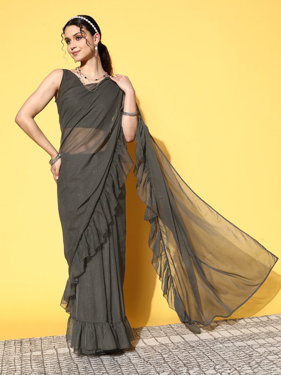 Ahalyaa Women Glitter Print Ruffle Saree | Grocsy