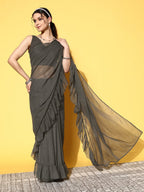 Ahalyaa Women Glitter Print Ruffle Saree | Grocsy