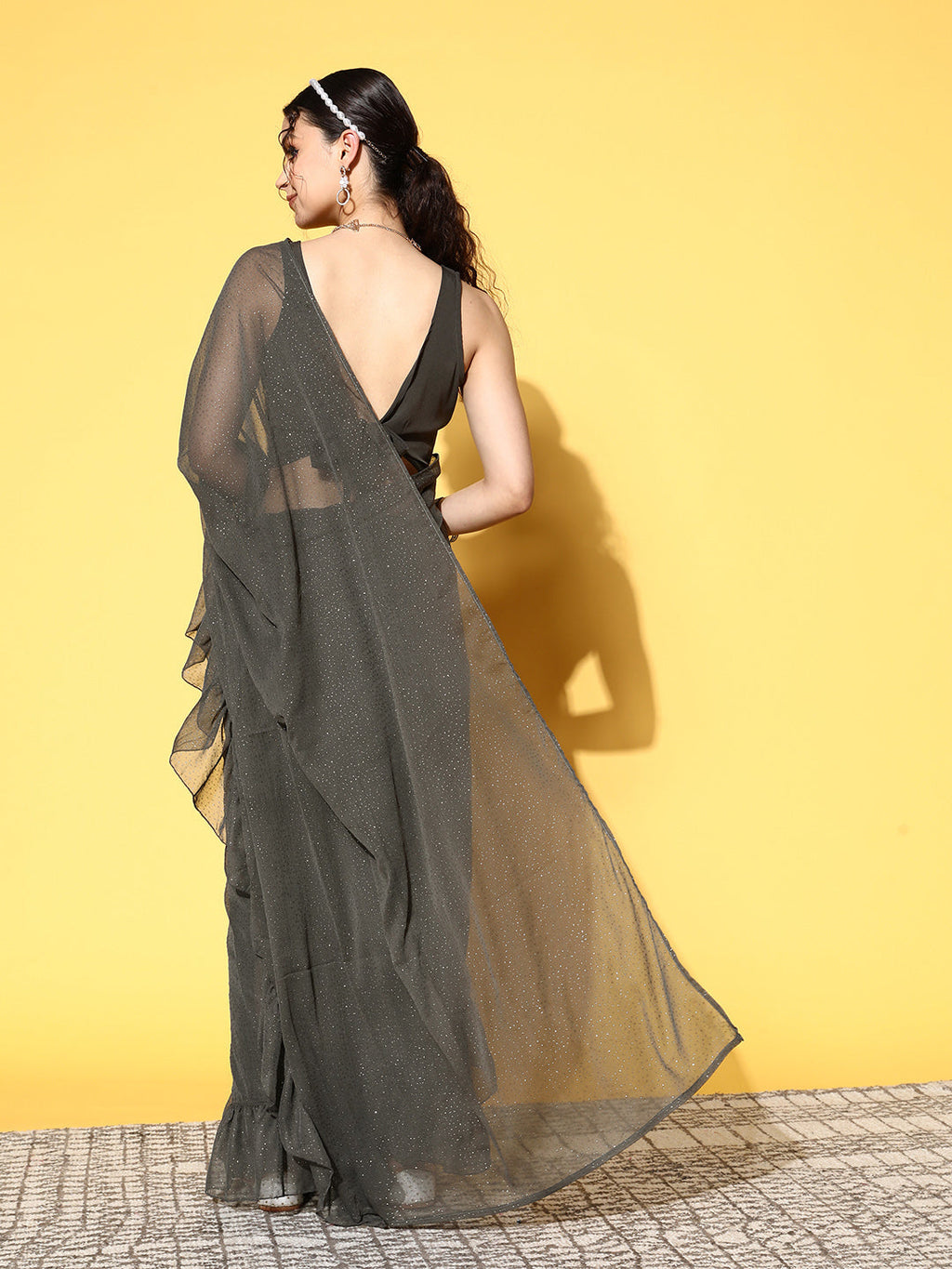 Ahalyaa Women Glitter Print Ruffle Saree | Grocsy