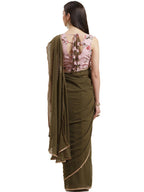 Ahalyaa Olive Green Pleated Woven Design Saree Set | Grocsy