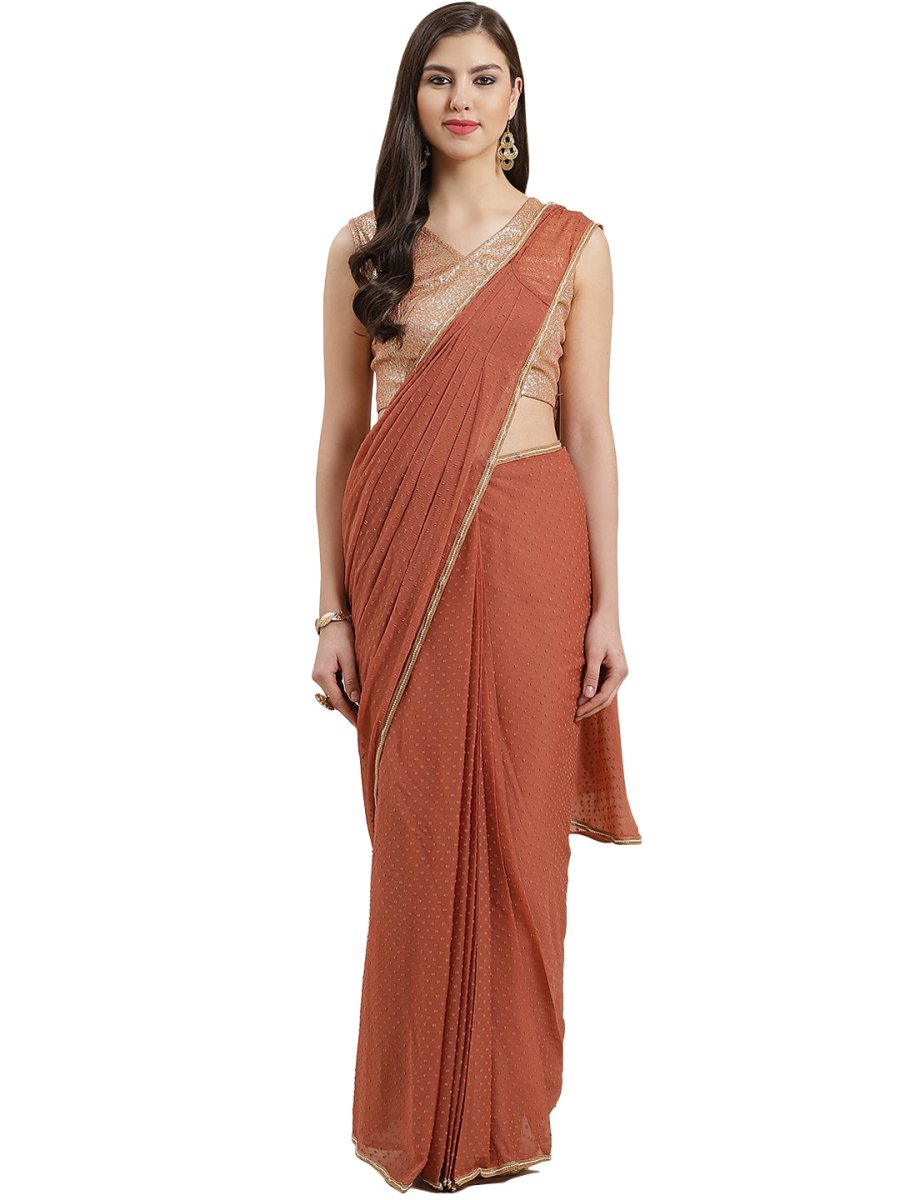 Ahalyaa Rusty Brown Pleated Ready to Wear Saree Set | Grocsy