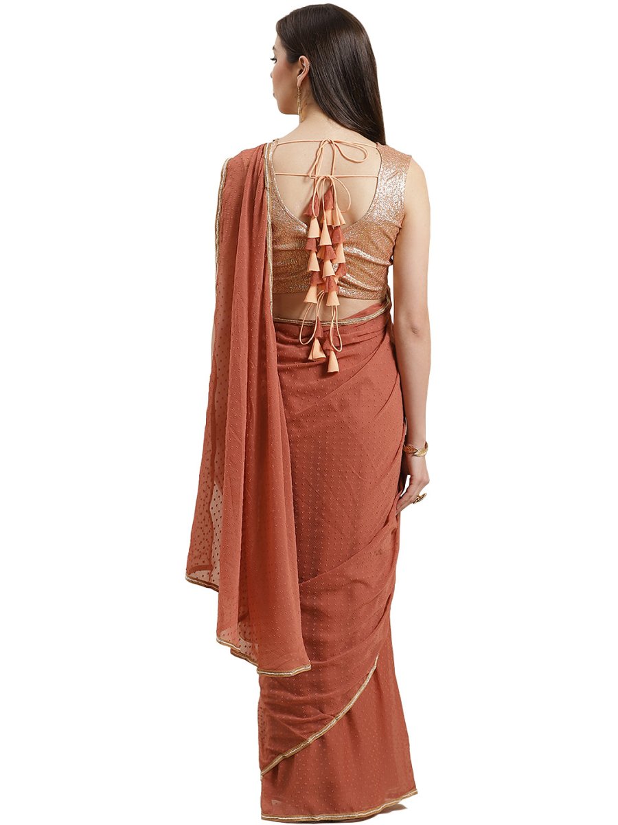 Ahalyaa Rusty Brown Pleated Ready to Wear Saree Set | Grocsy