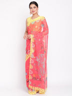 Ahalyaa Women's Red Colour Chiffon Digital Print Saree | Grocsy