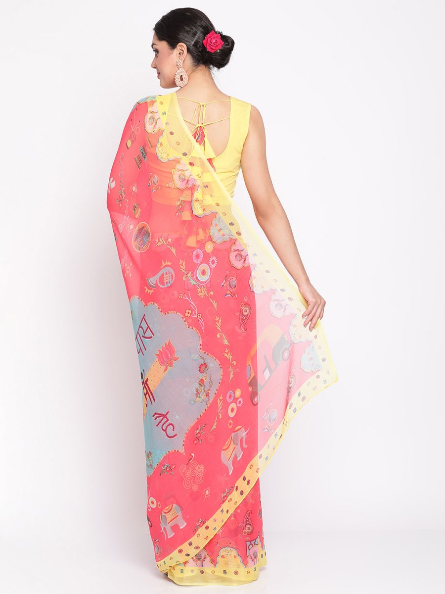 Ahalyaa Women's Red Colour Chiffon Digital Print Saree | Grocsy
