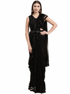 Ahalyaa Black Self-Striped Ruffled Ready to Wear Saree Set | Grocsy