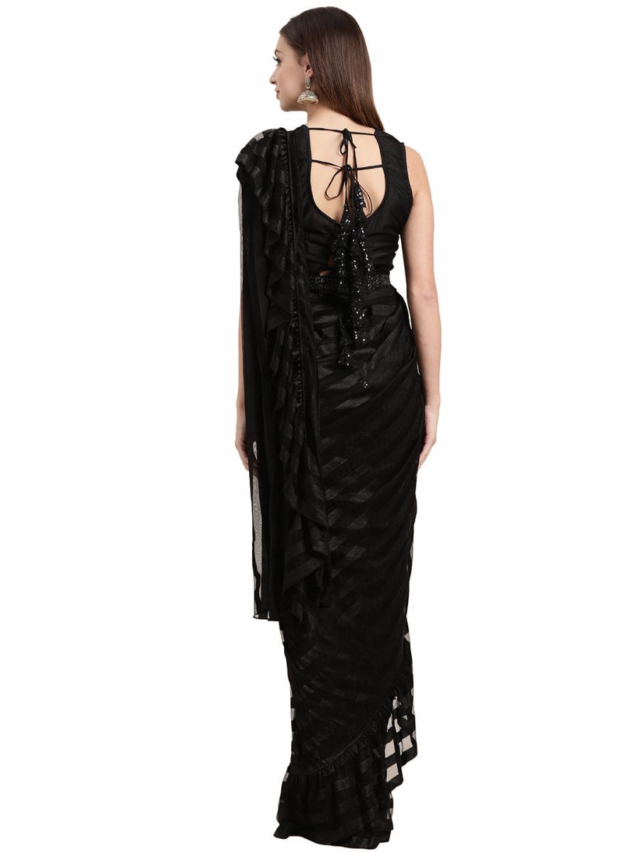 Ahalyaa Black Self-Striped Ruffled Ready to Wear Saree Set | Grocsy