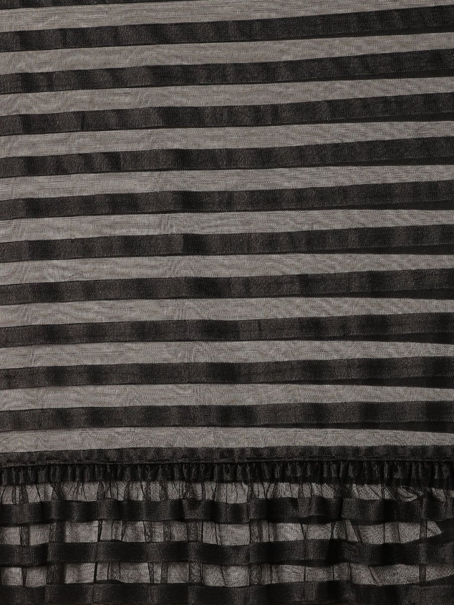 Ahalyaa Black Self-Striped Ruffled Ready to Wear Saree Set | Grocsy