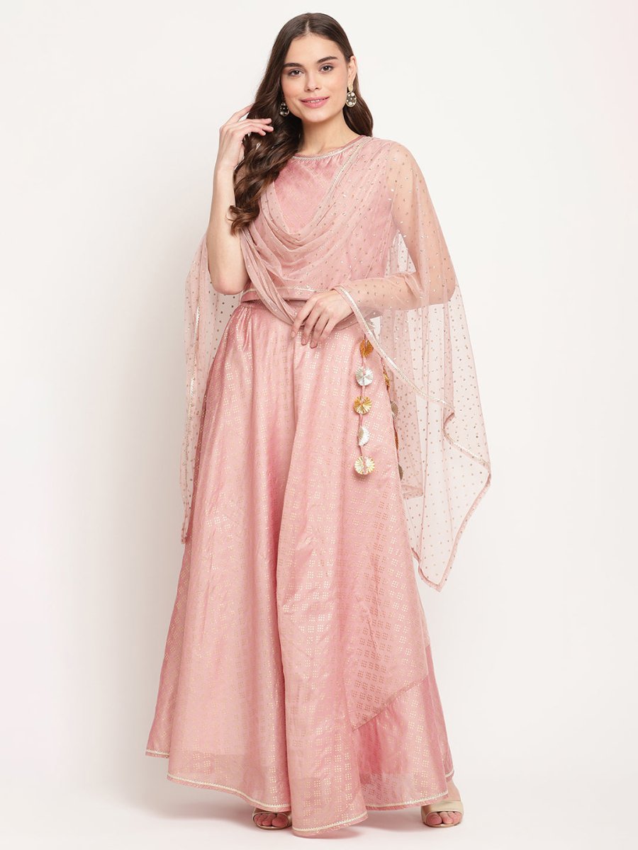 Ahalyaa Women Rusty Rose Chanderi Gold Foil Prin Lehenga Choli With Dupatta | Grocsy