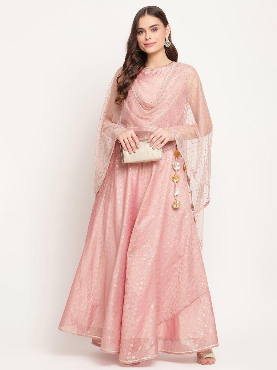 Ahalyaa Women Rusty Rose Chanderi Gold Foil Prin Lehenga Choli With Dupatta | Grocsy