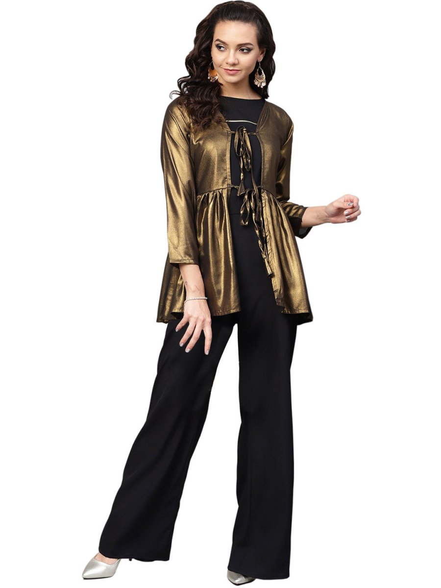 Ahalyaa Golden Flared Crepe, Georgette Indowestern Set | Grocsy