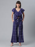 Ahalyaa Navy Blue & Off-White Pure Cotton Checked Top with Palazzo | Grocsy