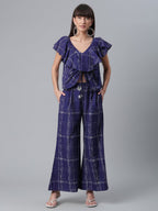 Ahalyaa Navy Blue & Off-White Pure Cotton Checked Top with Palazzo | Grocsy