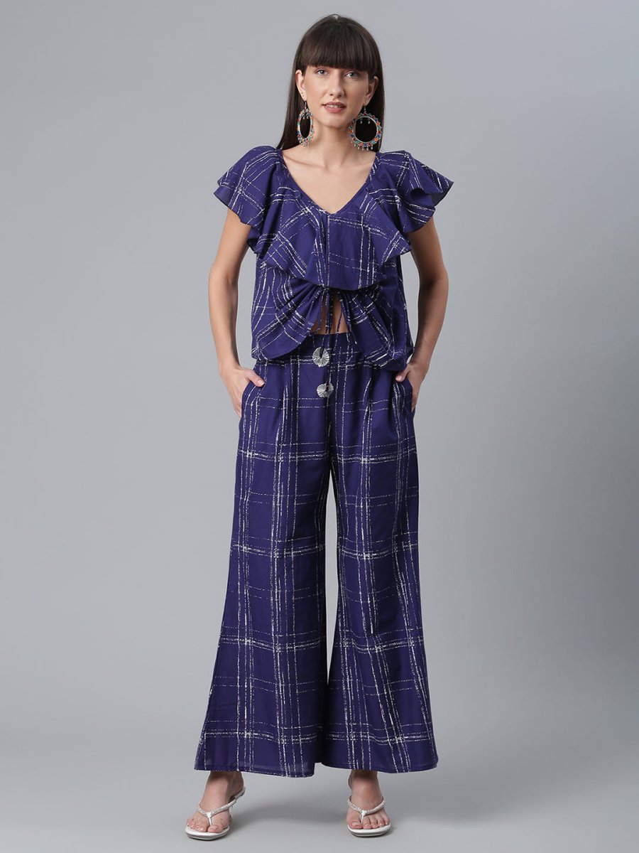 Ahalyaa Navy Blue & Off-White Pure Cotton Checked Top with Palazzo | Grocsy
