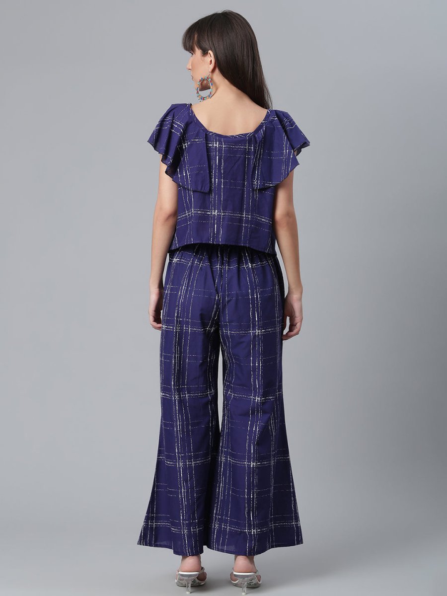 Ahalyaa Navy Blue & Off-White Pure Cotton Checked Top with Palazzo | Grocsy
