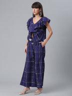 Ahalyaa Navy Blue & Off-White Pure Cotton Checked Top with Palazzo | Grocsy