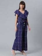 Ahalyaa Navy Blue & Off-White Pure Cotton Checked Top with Palazzo | Grocsy