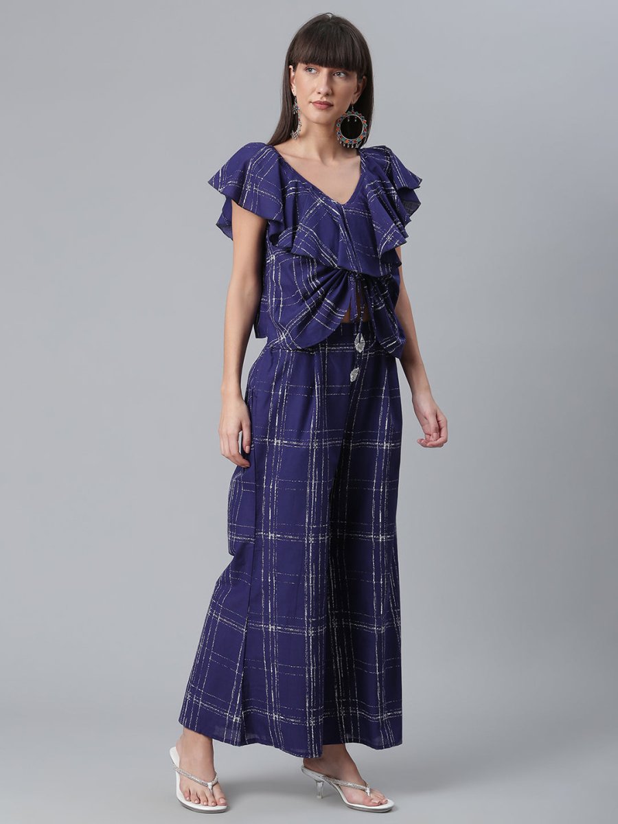 Ahalyaa Navy Blue & Off-White Pure Cotton Checked Top with Palazzo | Grocsy