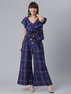Ahalyaa Navy Blue & Off-White Pure Cotton Checked Top with Palazzo | Grocsy