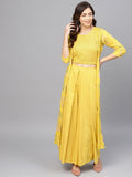 Ahalyaa Yellow & Pink Printed Crop Top with Palazzos & Ethnic Jacket | Grocsy