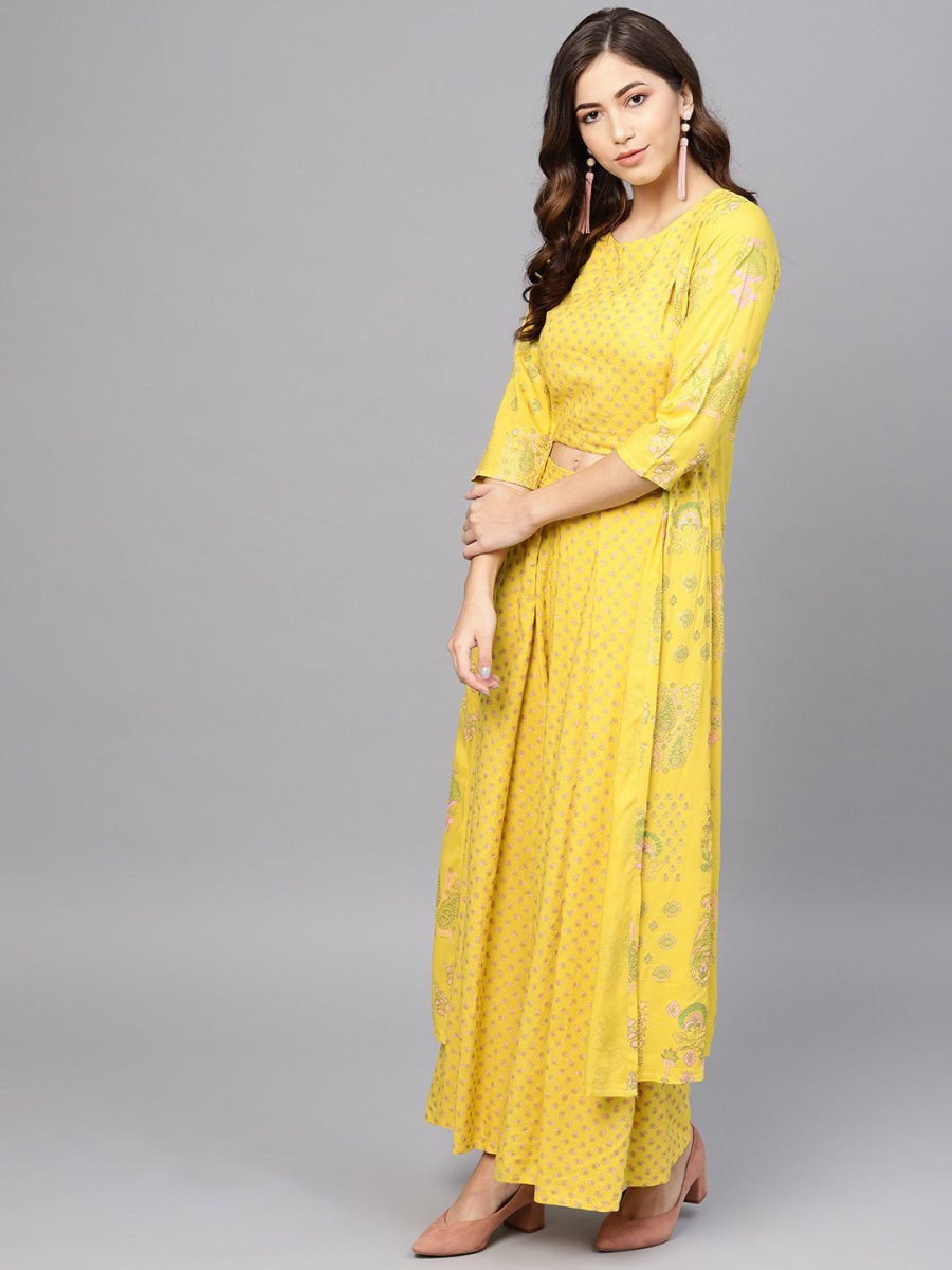 Ahalyaa Yellow & Pink Printed Crop Top with Palazzos & Ethnic Jacket | Grocsy