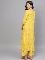 Ahalyaa Yellow & Pink Printed Crop Top with Palazzos & Ethnic Jacket | Grocsy