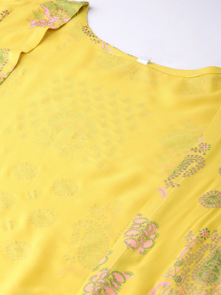Ahalyaa Yellow & Pink Printed Crop Top with Palazzos & Ethnic Jacket | Grocsy