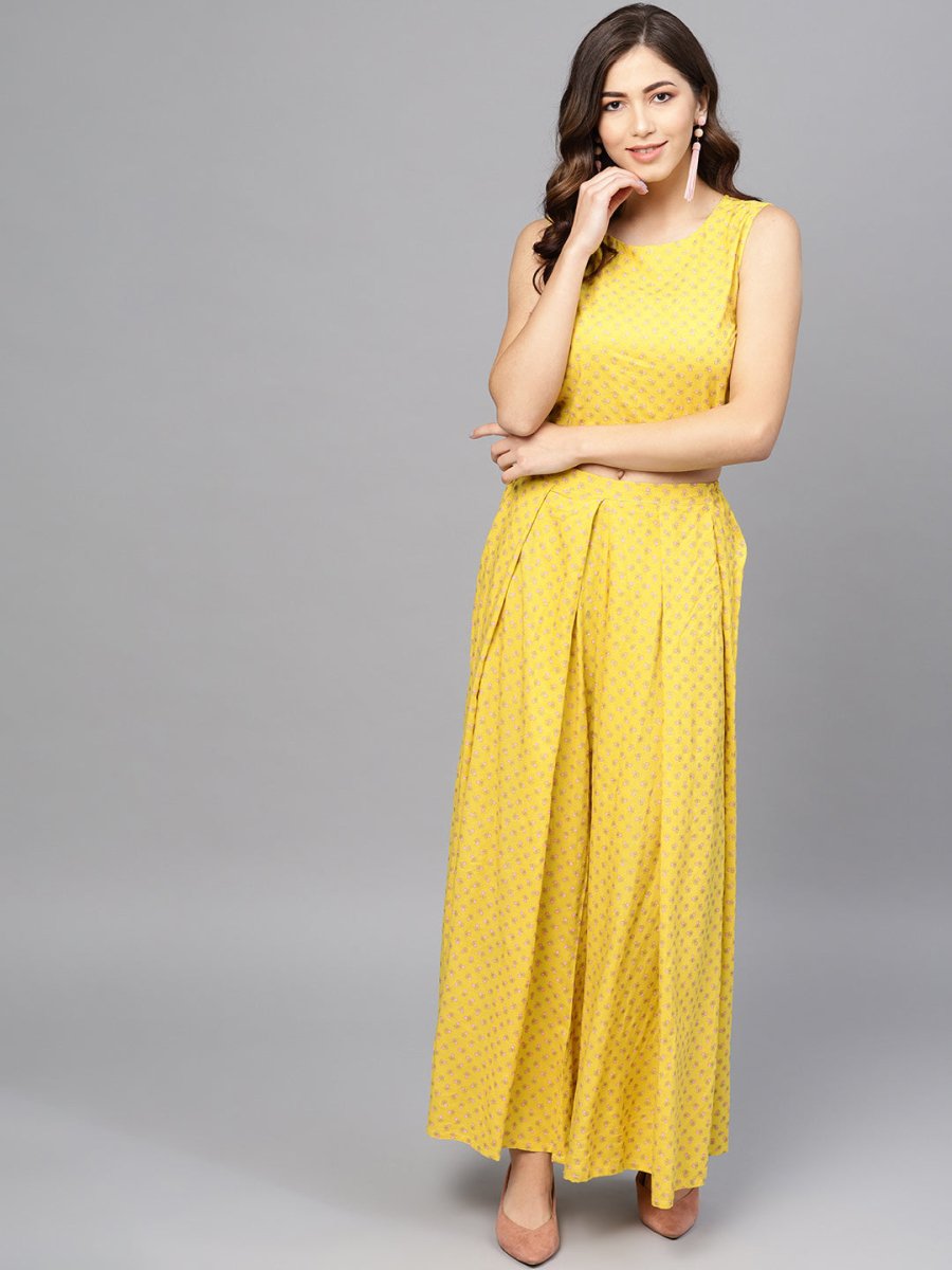 Ahalyaa Yellow & Pink Printed Crop Top with Palazzos & Ethnic Jacket | Grocsy