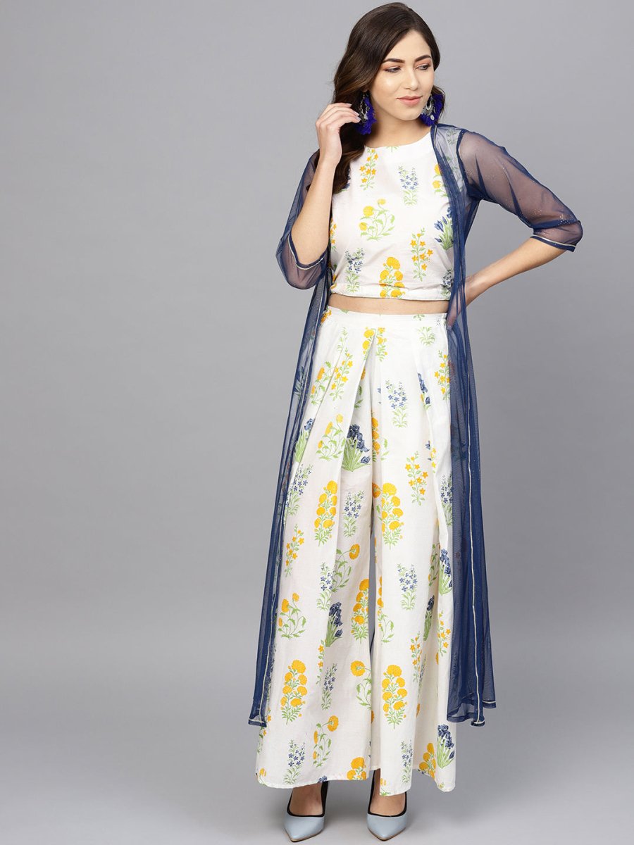 Ahalyaa Women White & Blue Printed Crop Top with Palazzos & Ethnic Jacket | Grocsy