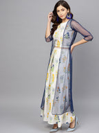 Ahalyaa Women White & Blue Printed Crop Top with Palazzos & Ethnic Jacket | Grocsy