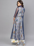 Ahalyaa Women White & Blue Printed Crop Top with Palazzos & Ethnic Jacket | Grocsy