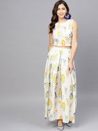 Ahalyaa Women White & Blue Printed Crop Top with Palazzos & Ethnic Jacket | Grocsy