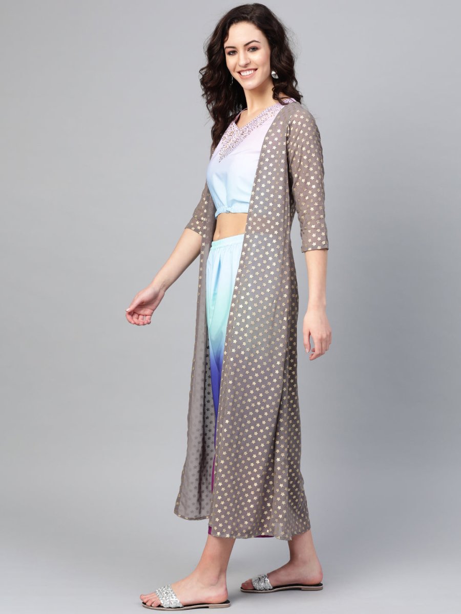 Ahalyaa Women Printed Crop Top With Shrug Set | Grocsy