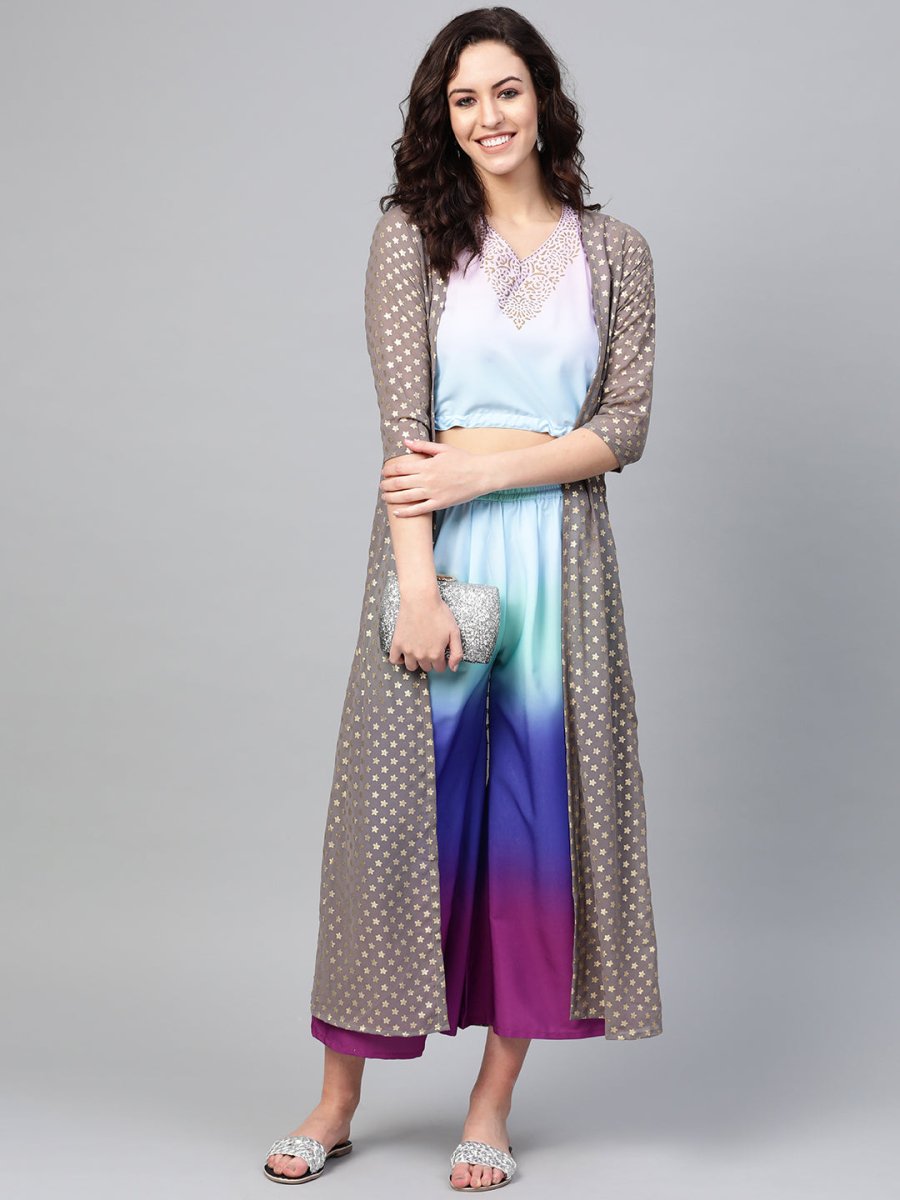 Ahalyaa Women Printed Crop Top With Shrug Set | Grocsy