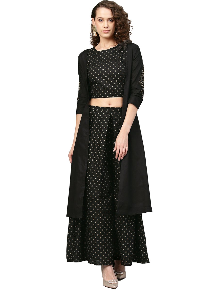 Ahalyaa Women Black & Golden Printed Kurta with Churidar & Dupatta | Grocsy