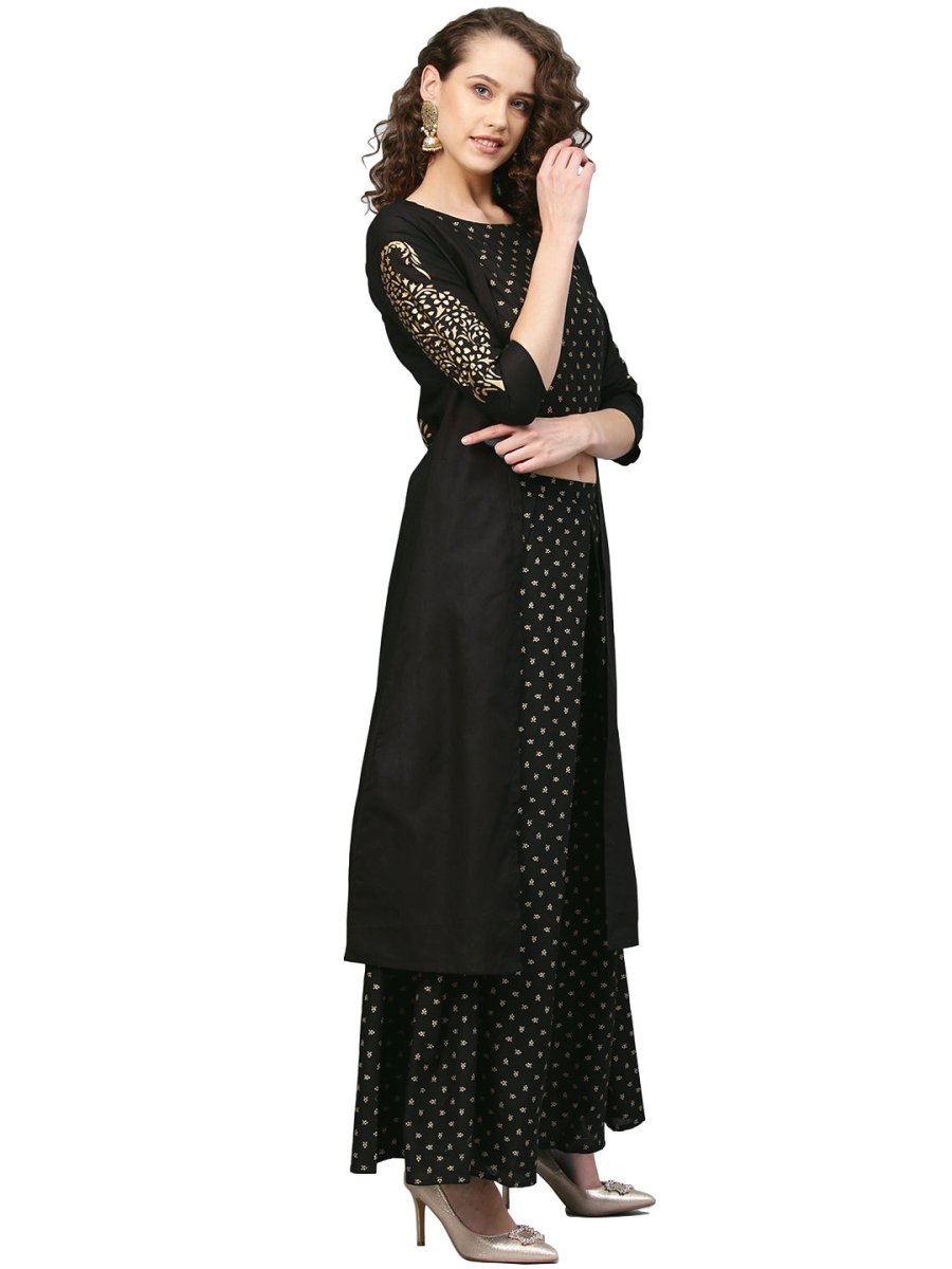 Ahalyaa Women Black & Golden Printed Kurta with Churidar & Dupatta | Grocsy