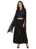 Ahalyaa Women Black & Blue Printed Crop Top With Palazzos & Jacket | Grocsy