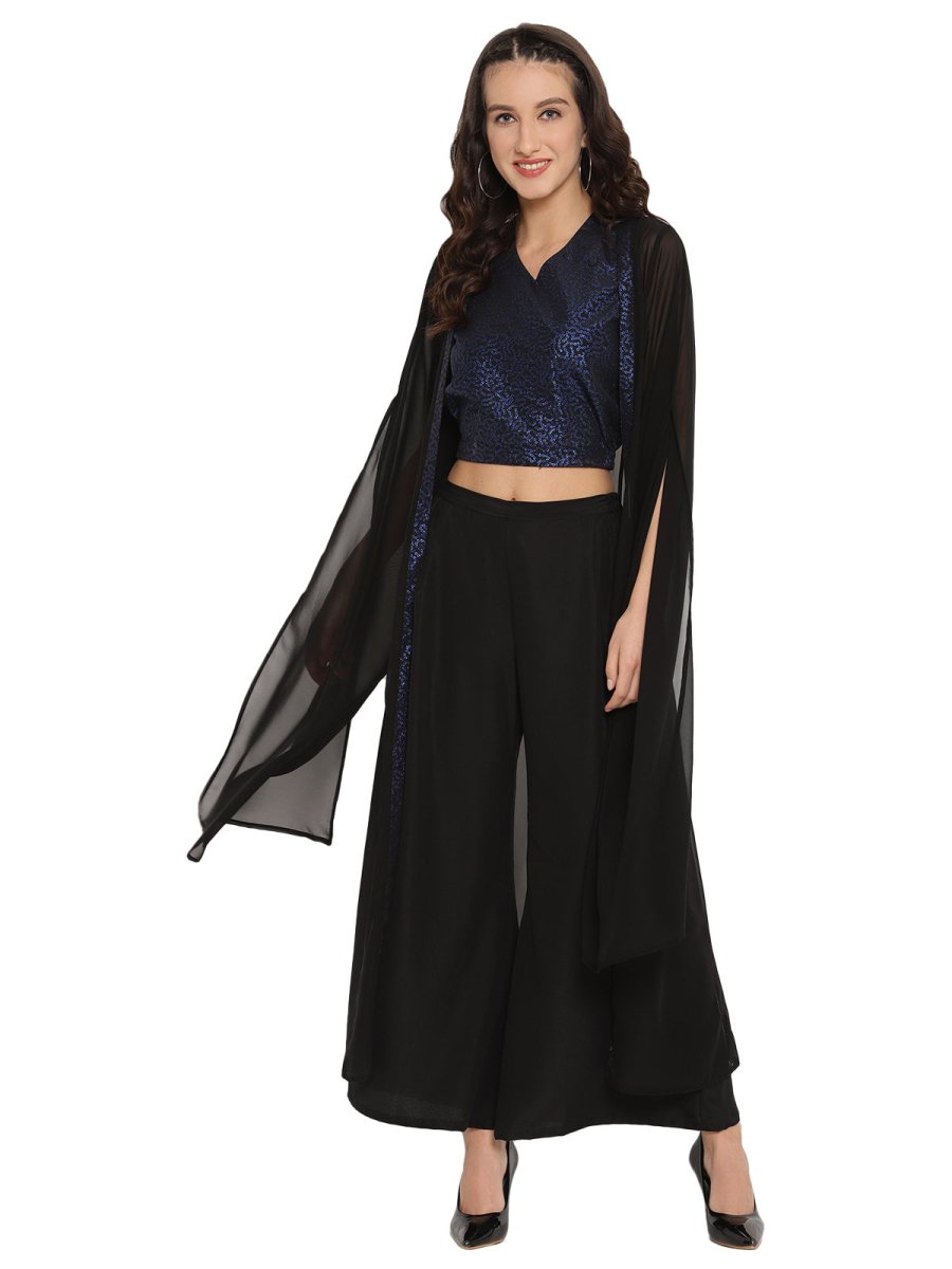 Ahalyaa Women Black & Blue Printed Crop Top With Palazzos & Jacket | Grocsy