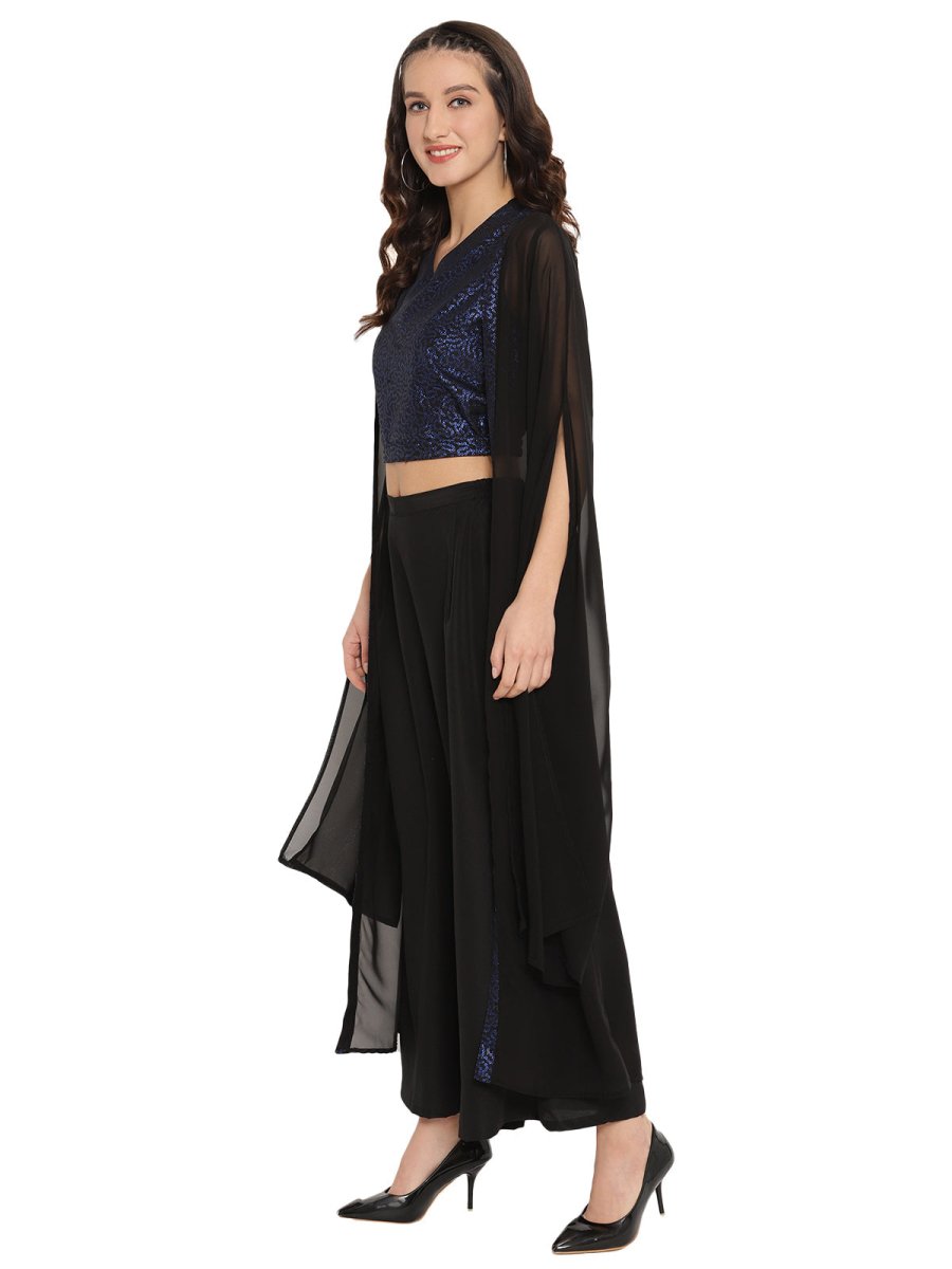 Ahalyaa Women Black & Blue Printed Crop Top With Palazzos & Jacket | Grocsy