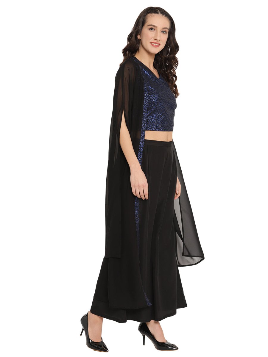 Ahalyaa Women Black & Blue Printed Crop Top With Palazzos & Jacket | Grocsy