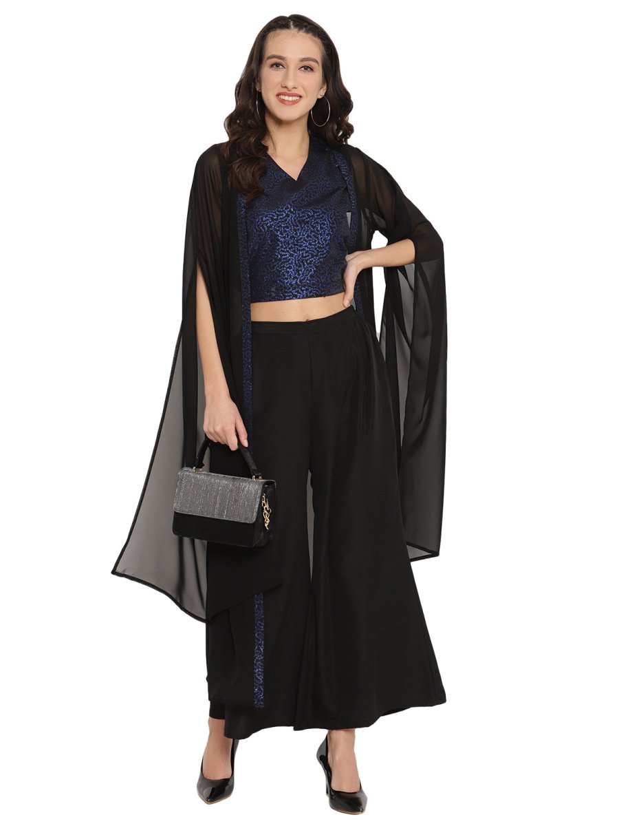 Ahalyaa Women Black & Blue Printed Crop Top With Palazzos & Jacket | Grocsy