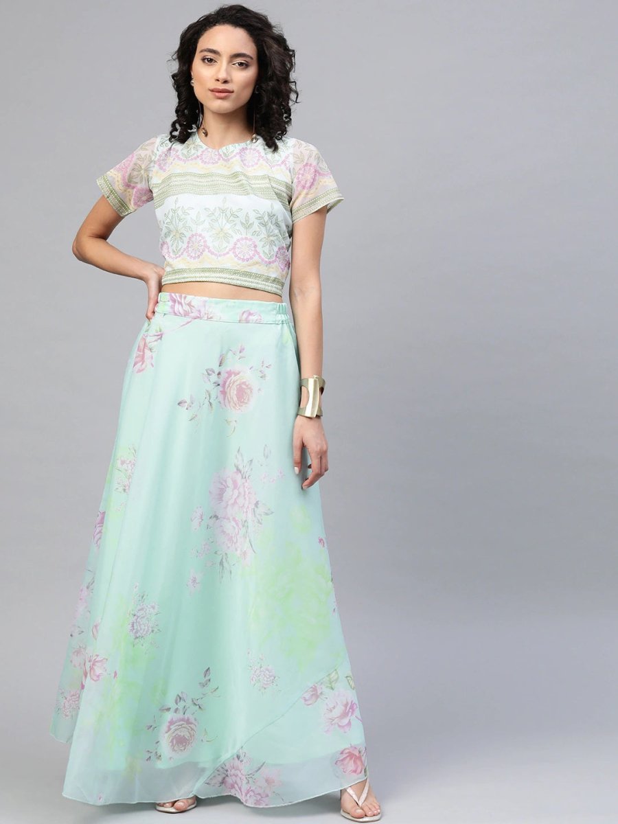Ahalyaa Women Mint Green Oraganza Printed Lehenga Choli | Grocsy